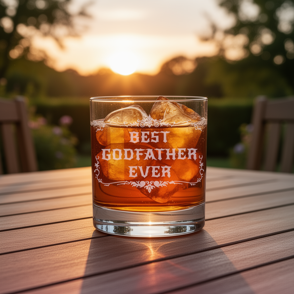 Glass of iced drink with 'Best Godfather Ever' engraving on a wooden table outdoors at sunset.