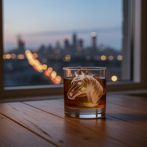 Glass with horse etching on a wooden table by a window with city lights.