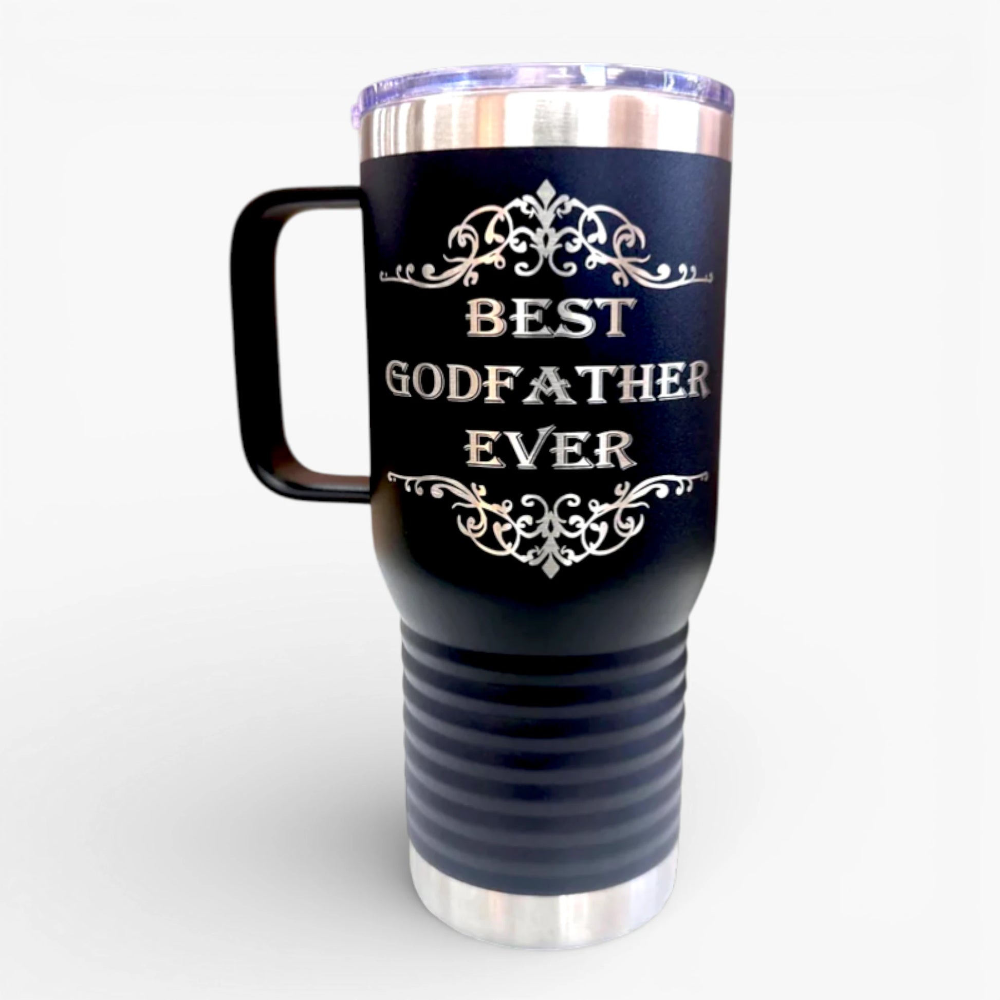 Black travel mug with 'Best Godfather Ever' text 