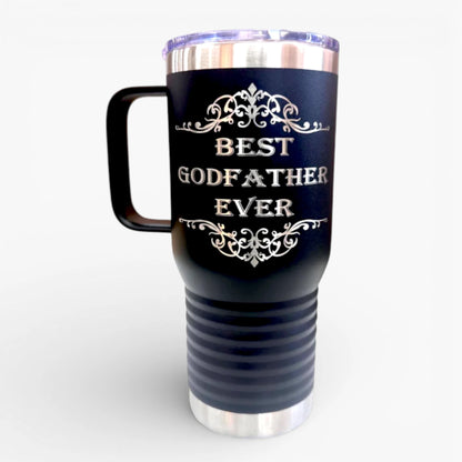 Black travel mug with 'Best Godfather Ever' text 