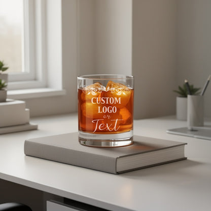 Close-up of several bulk custom whiskey glasses with different company logos, ready for events.