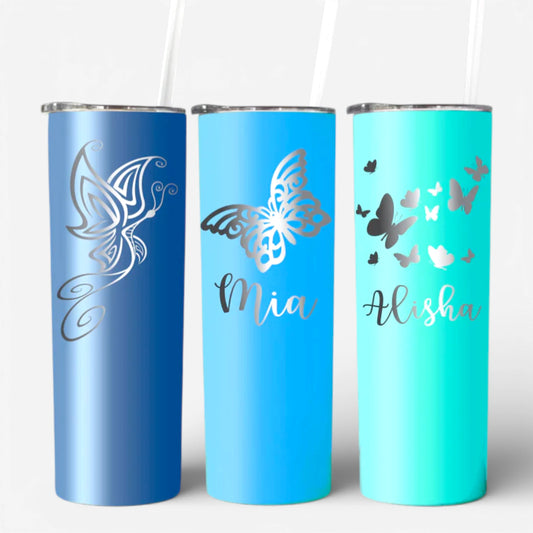 Personalized Butterfly Tumbler - 20 oz Skinny Cup, Custom Laser Engraved Gift