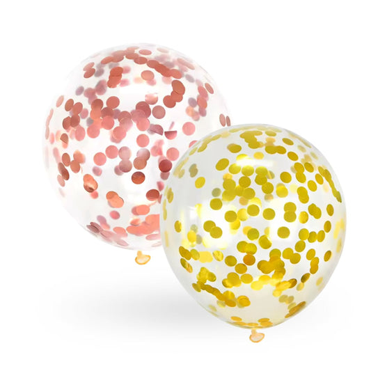 clear balloons with gold confetti, rose gold