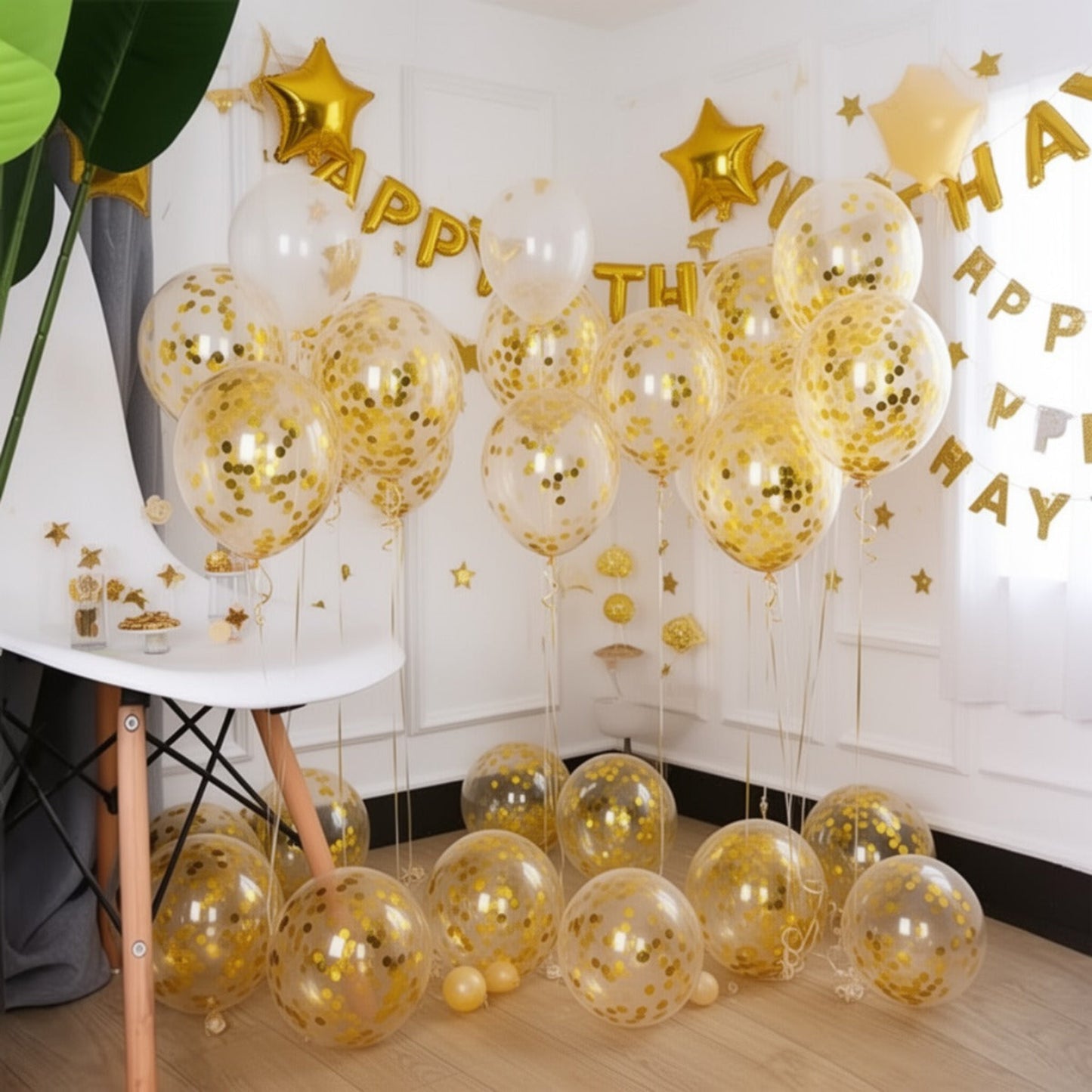 clear balloons with gold confetti inside