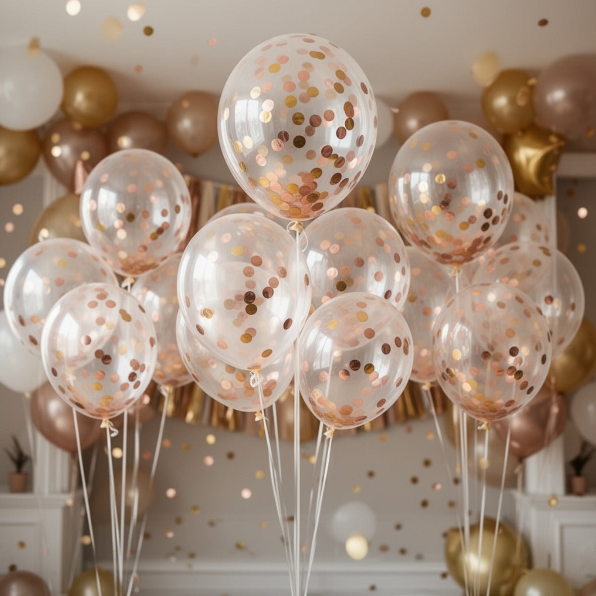clear balloons with rose gold confetti inside