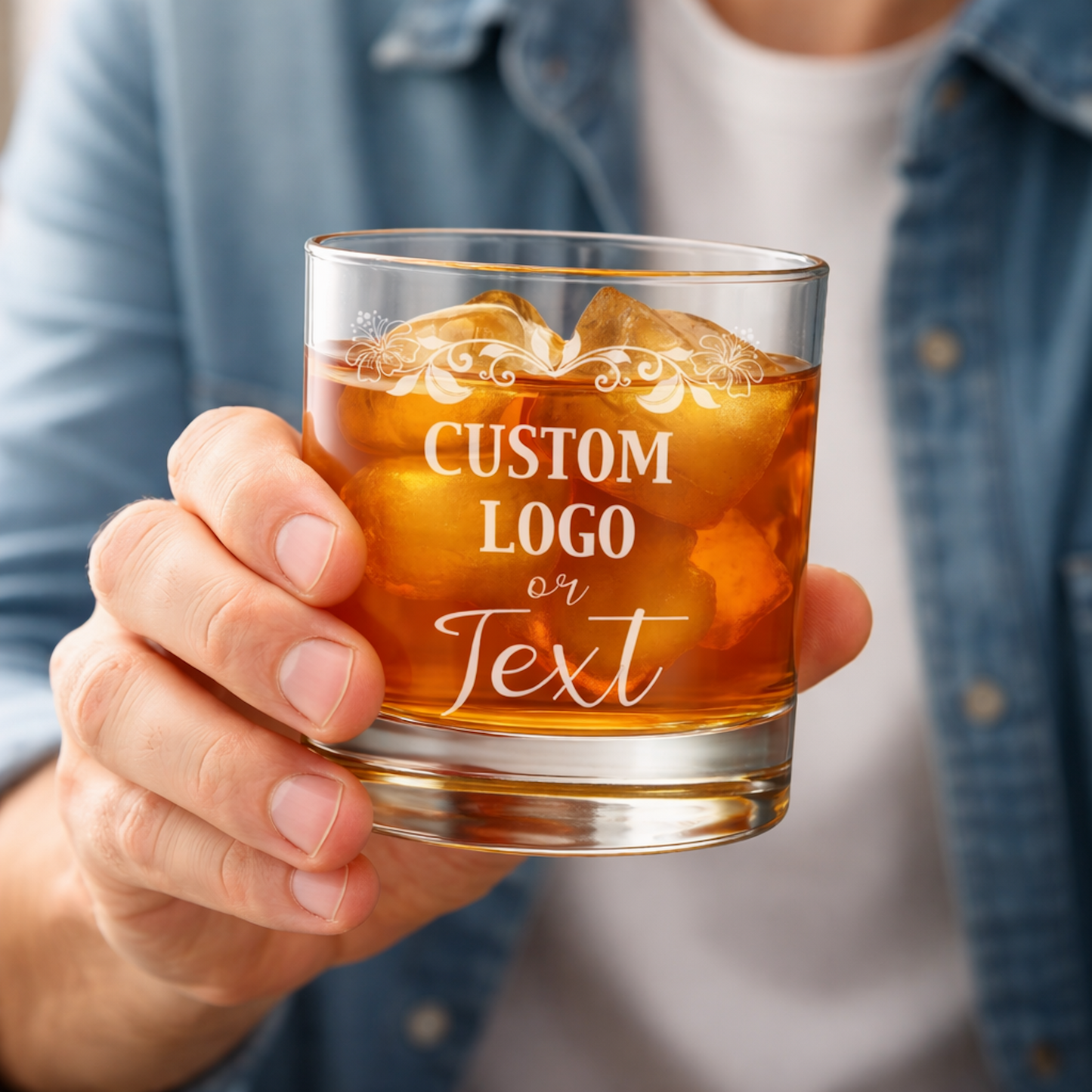 Single company logo business glassware, an etched old fashioned glass, on a pristine white background.