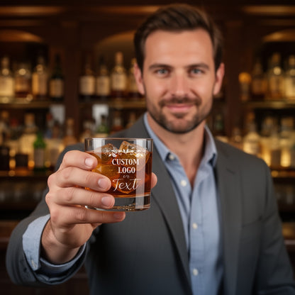 Stack of custom engraved whiskey glasses, representing corporate gifts for clients or employees.
