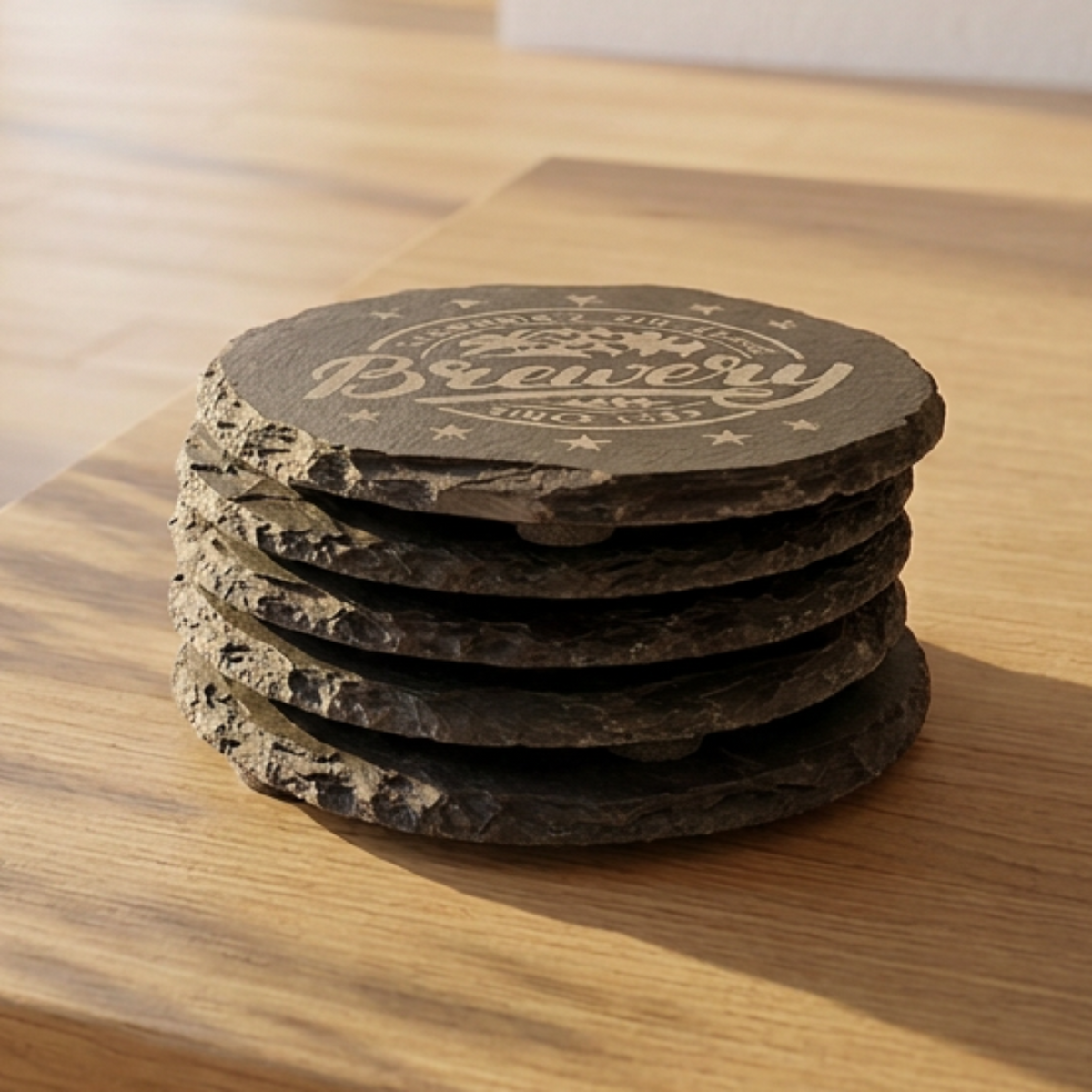 Round 4-inch natural slate coaster option for a custom laser engraved logo gift set of six