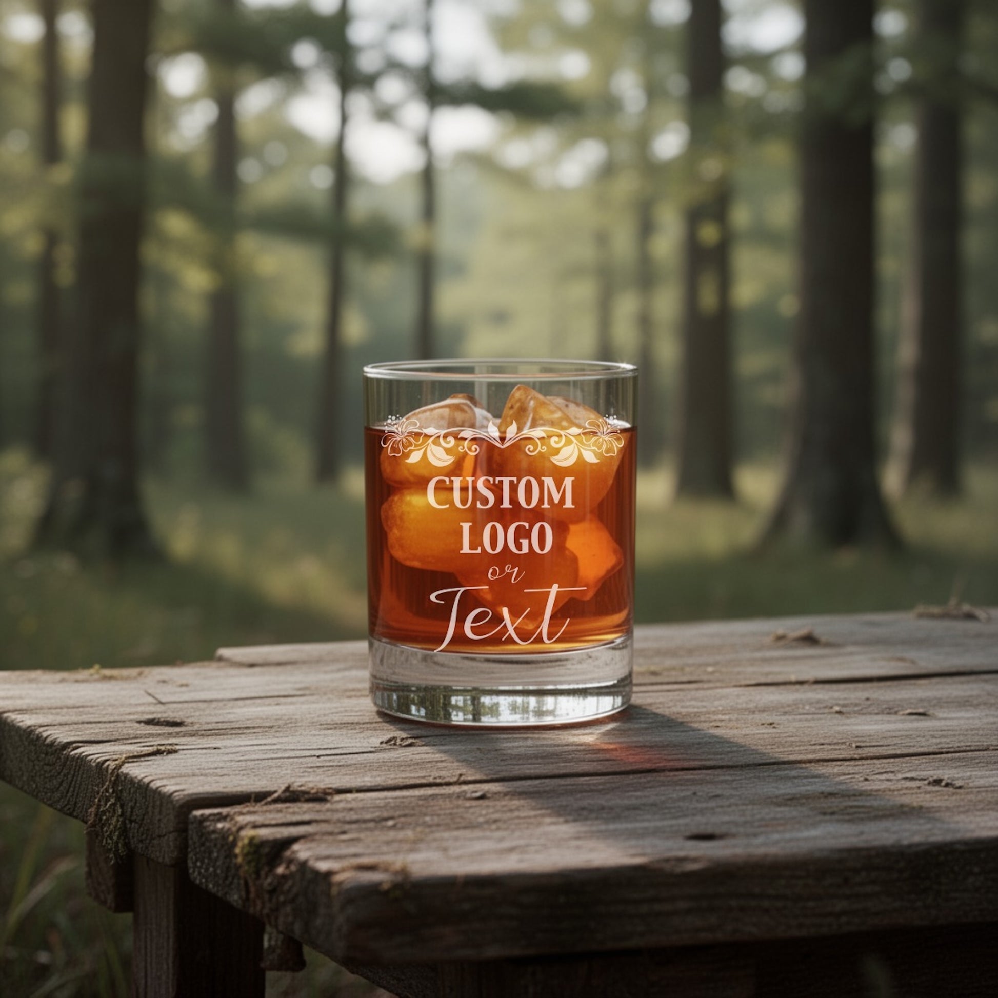 Personalized whiskey glass with an engraved business logo, presented as a corporate client gift.