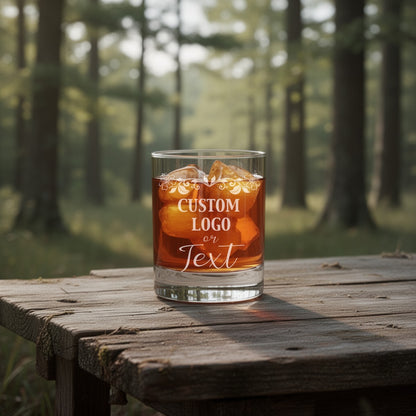 Personalized whiskey glass with an engraved business logo, presented as a corporate client gift.