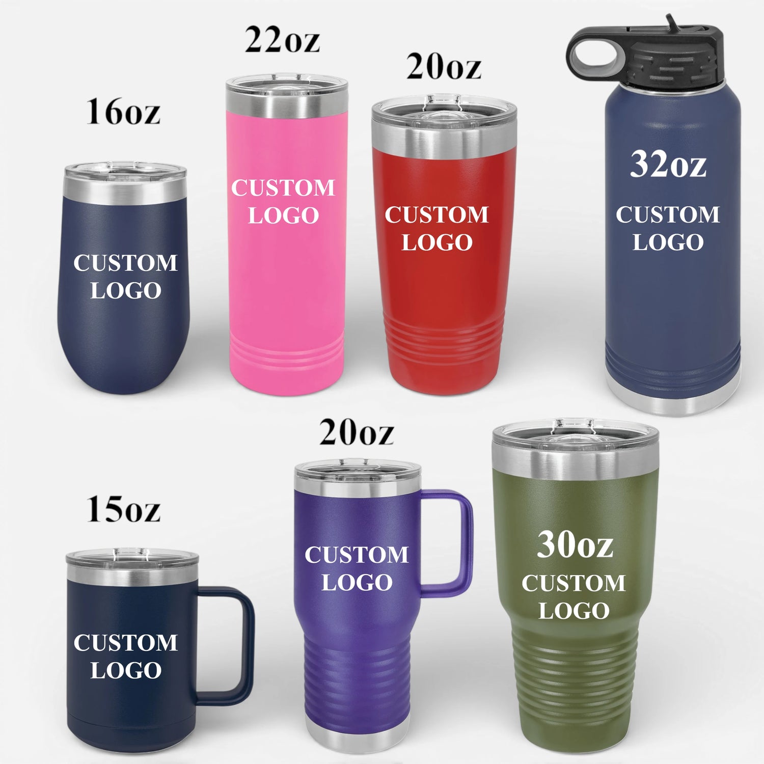 Assortment of black, green, and purple personalized corporate tumblers and water bottles with company logos.