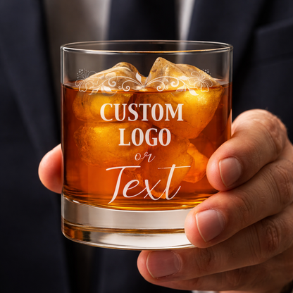 A custom logo whiskey glass displaying 'Your Custom Logo Here' text, filled with amber liquid and ice.