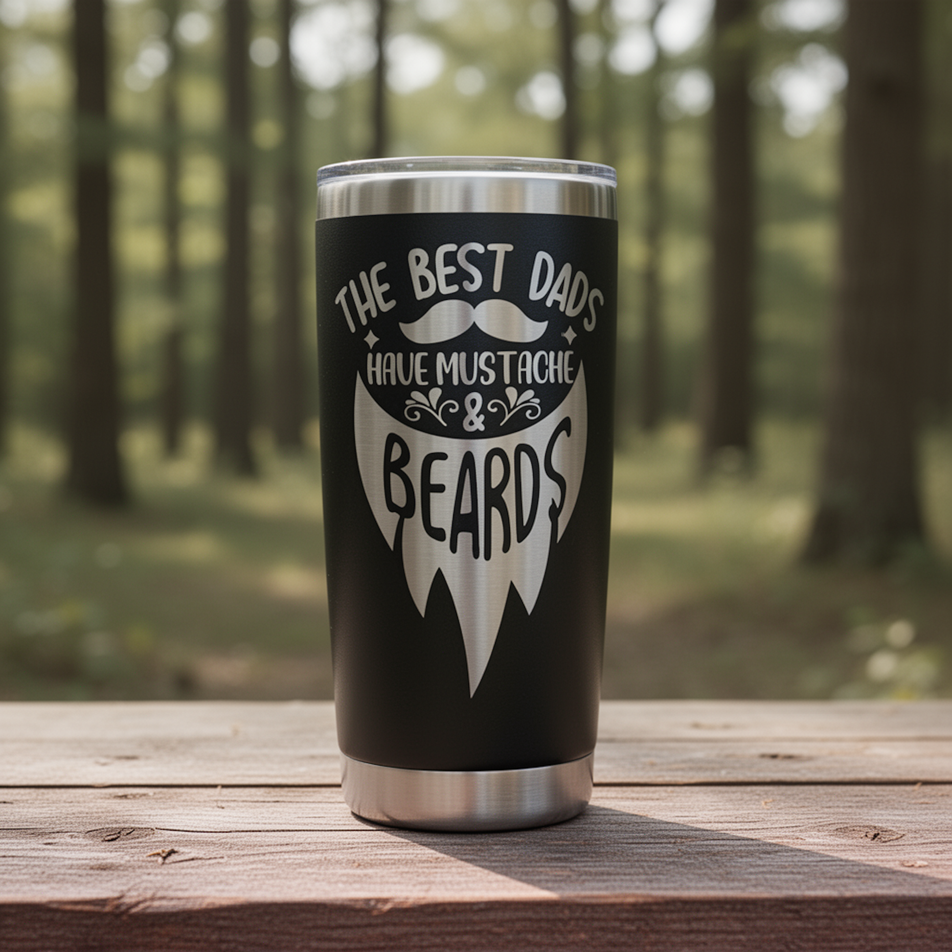 Black tumbler with a beard-themed design 
