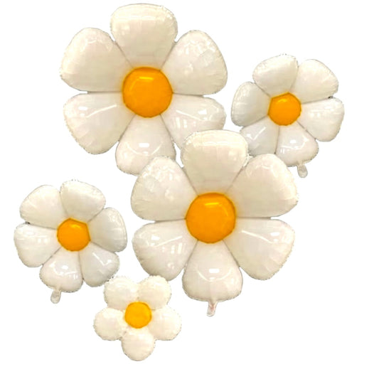White daisy-shaped balloons with yellow centers 