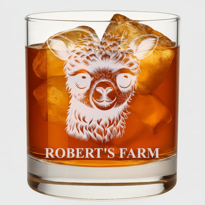 Personalized Whiskey Rocks Glass Farm Animals, Laser Engraved 10.5 oz Old Fashioned Bourbon Glass, Custom Name Barware for Dad Husband Farmhouse Style (Alpaca)