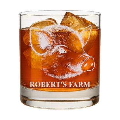 Pig Personalized Whiskey Rocks Glass Farm Animals, Laser Engraved 10.5 oz Old Fashioned Bourbon Glass, Custom Name Barware for Dad Husband Farmhouse Style 
