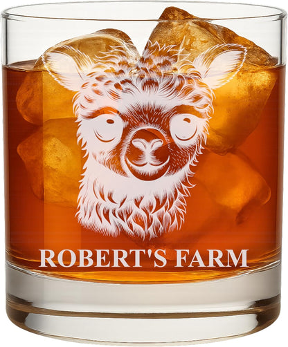 Personalized Whiskey Rocks Glass Farm Animals, Laser Engraved 10.5 oz Old Fashioned Bourbon Glass, Custom Name Barware for Dad Husband Farmhouse Style (Alpaca)