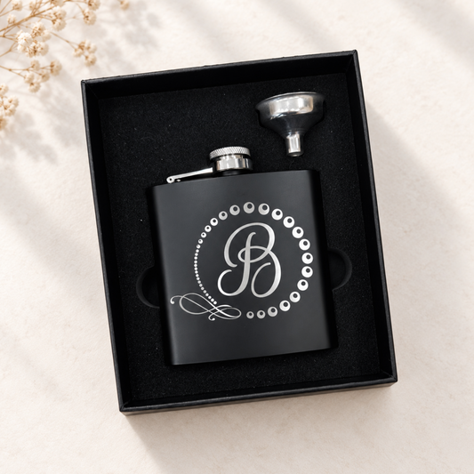 Personalized black hip flask laser engraved with monogram initial B, with stainless steel funnel in a black gift box