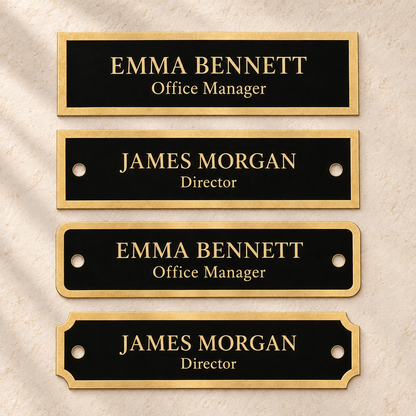 Engraved Small Black Brass Name Plate with Gold Border, Notched, Rounded or Square Corners