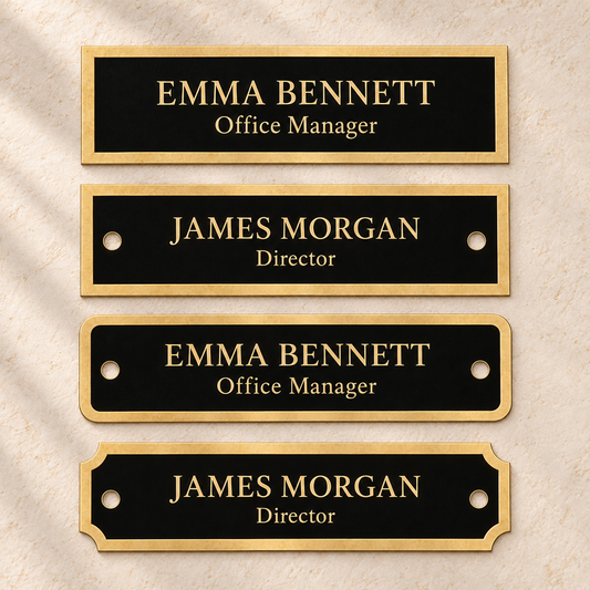 Engraved Small Black Brass Name Plate with Gold Border, Notched, Rounded or Square Corners