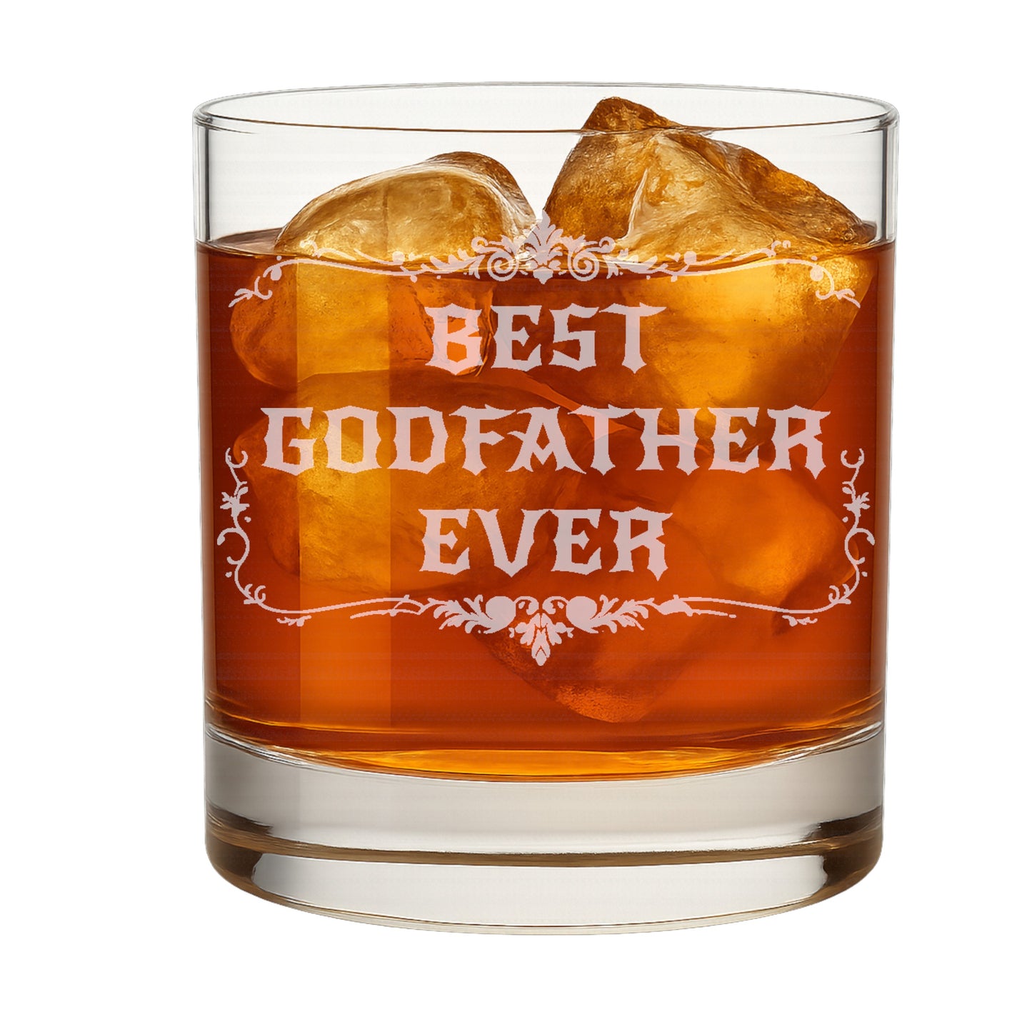 Glass of whiskey with ice and 'Best Godfather Ever' engraving on a white background