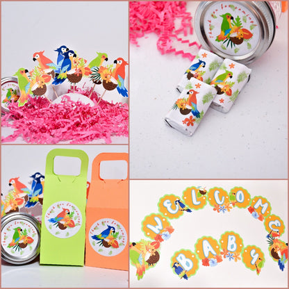 Collage showing parrot cake picks with favor boxes, decorated treats, round tins, and a welcome baby banner.