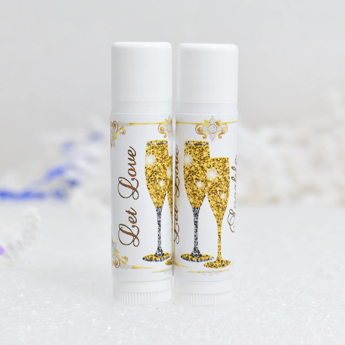 Gold Champagne Wedding Lip Balm Labels: Party Favor Stickers, Set of 30