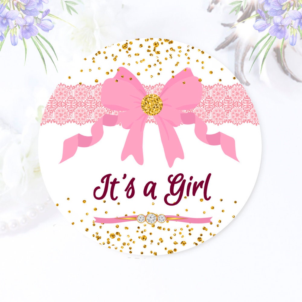 Pink It's a Girl Baby Shower Favor Labels Stickers with Bow Gold Glitter Lace