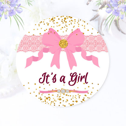 Pink It's a Girl Baby Shower Favor Labels Stickers with Bow Gold Glitter Lace