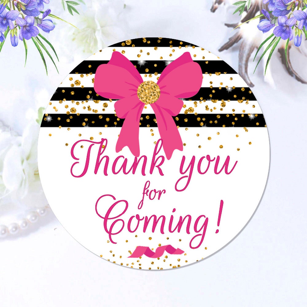 Personalized Baby Shower Labels Thank You for Coming Labels Birthday Favor Stickers Black Gold Hot Pink Party Labels