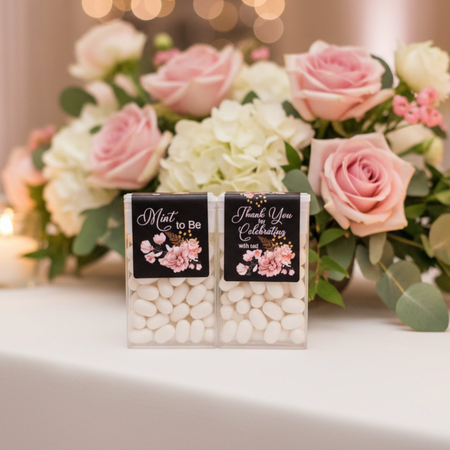 Black and Pinl floral party favor labels for Tic Tac