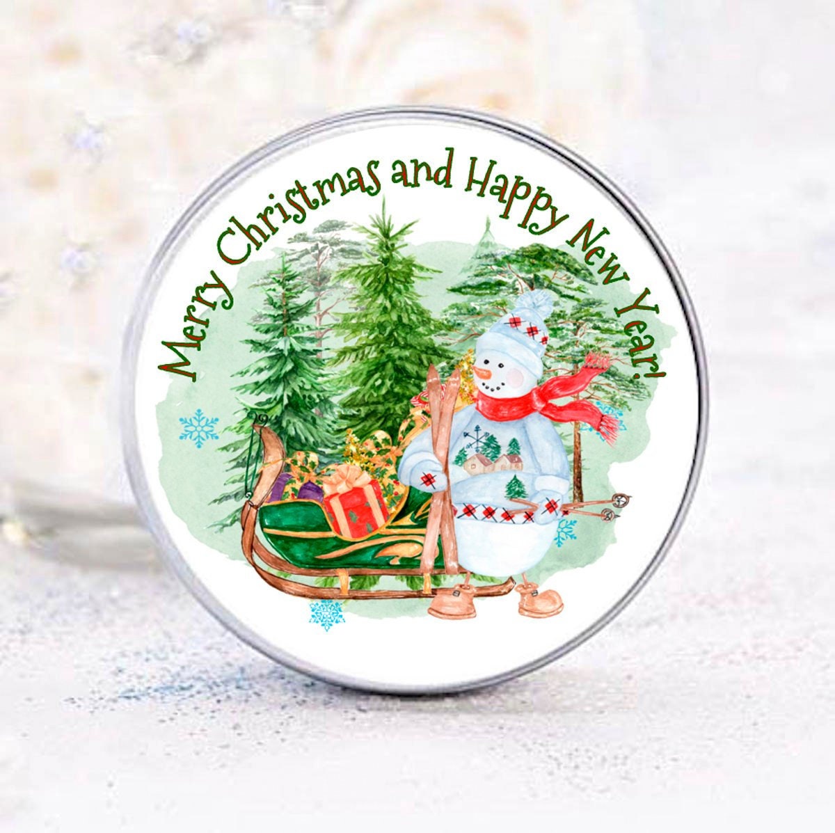 Snowman Christmas Round Labels, Merry Christmas New Year Party Favor Stickers