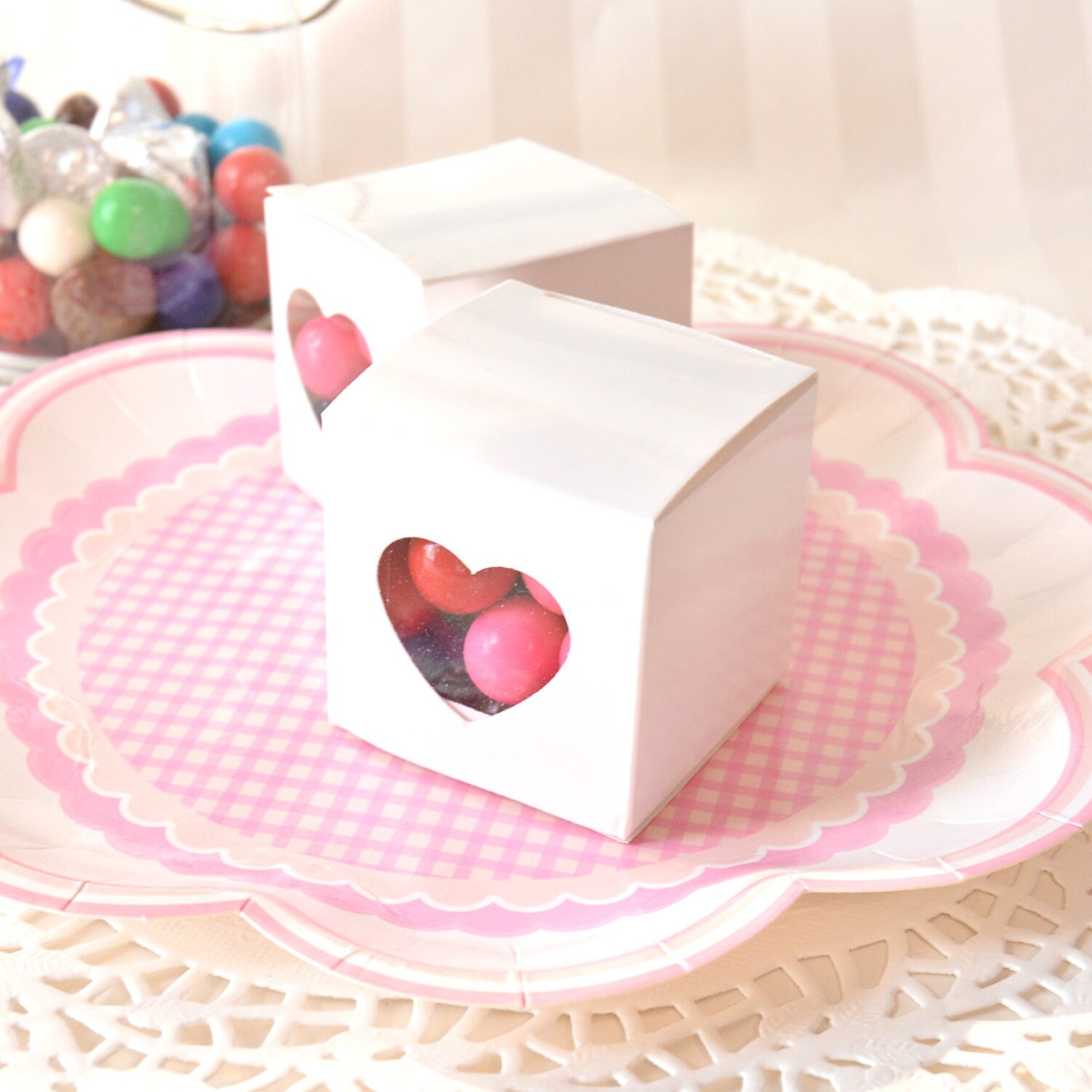 Heart Window Pink Gift Boxes 2" x 2" x 2", Wedding Baby Shower Party Favor Box,