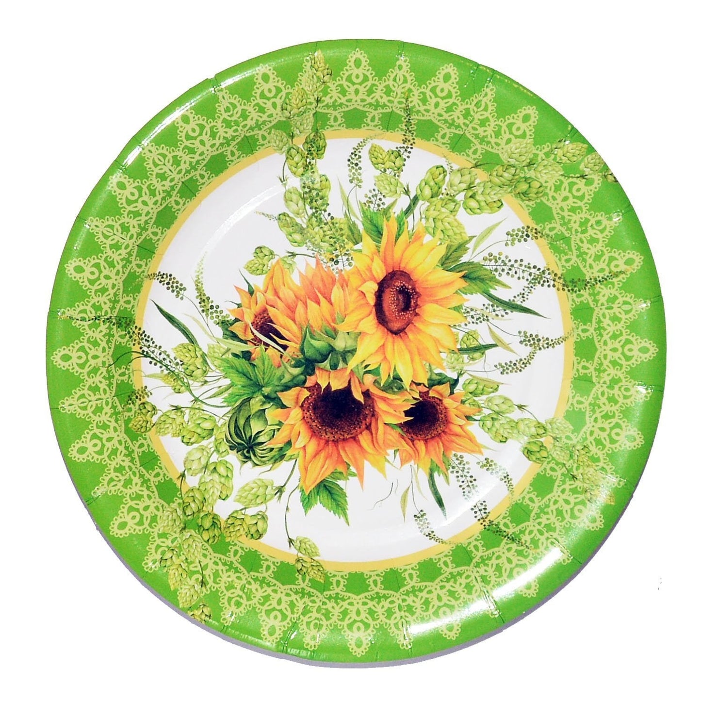 A single sunflower dessert paper plate positioned at an angle, ready for cake or snacks.