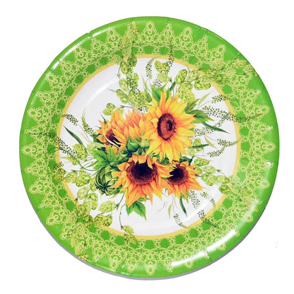 A single sunflower dessert paper plate positioned at an angle, ready for cake or snacks.