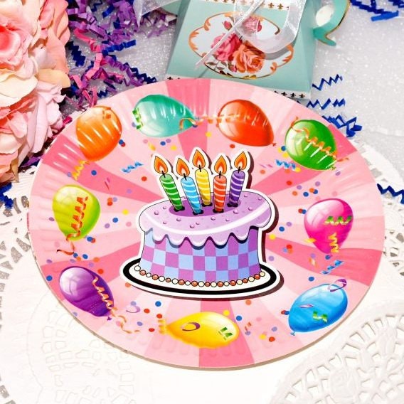 40 Birthday Boy Girl Dessert Paper Plates, Balloon Theme Tableware, 7" Diameter