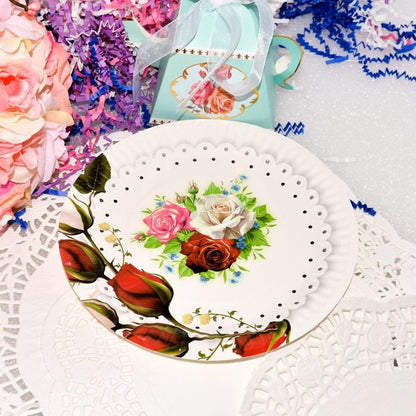 Stack of 7-inch rose garden paper dessert plates, showcasing the delicate vintage floral pattern.