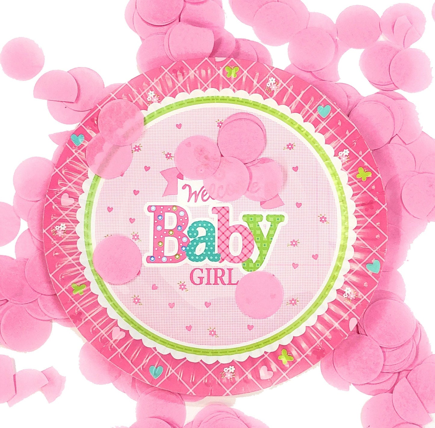 Angled view of a set of 40 pink 'Welcome Baby Girl' paper plates, showing the full design and quantity.