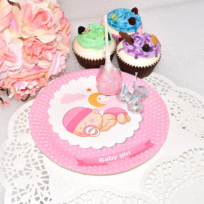 Close-up of a single 7-inch pink paper plate featuring a cute sleeping baby girl surrounded by soft floral details.