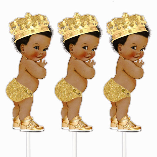 Gold African American Prince Centerpieces Table Decoration Little Baby Boy Cutouts for Baby Shower Birthday Party Double Sided