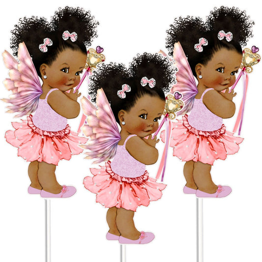 3 Fairy Centerpieces for Table, African American Double-Sided Fairy Birthday Table Decor