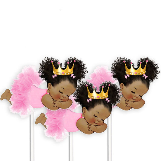 Sleeping Princess Baby Girl Centerpieces Pink Tutu Gold Crown, 3 Skin Tones
