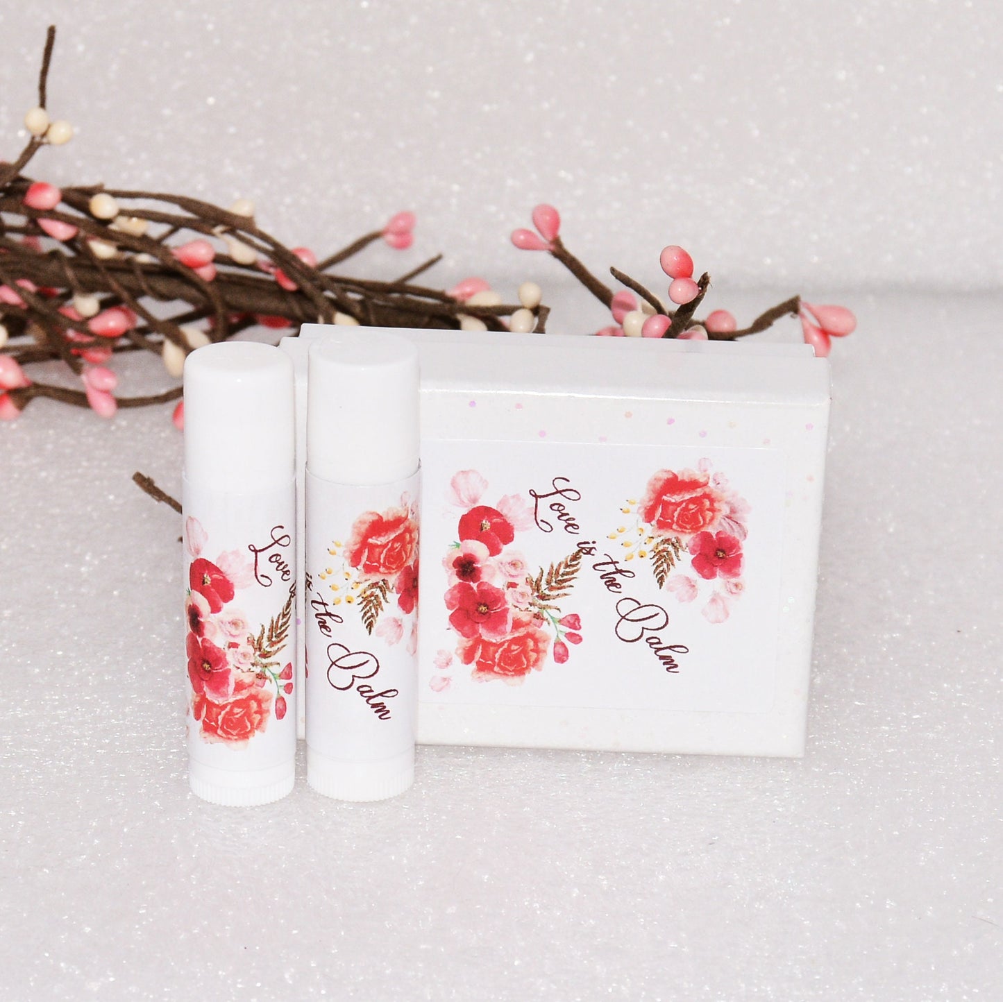 30 Lip Balm Labels, Floral Coral Bridal Shower Wedding Chapstick Favor Stickers Wrappers