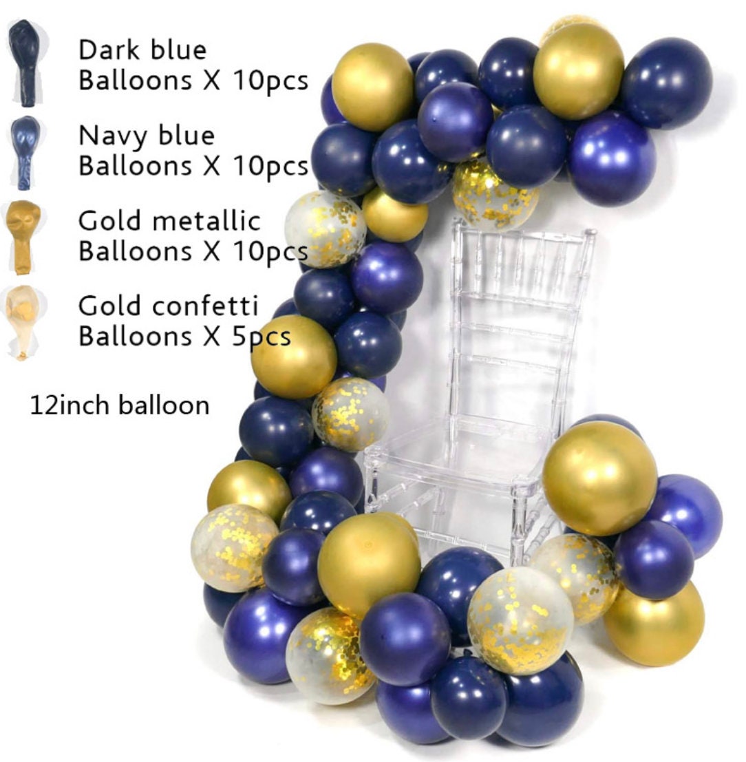 navy blue and gold balloons arch