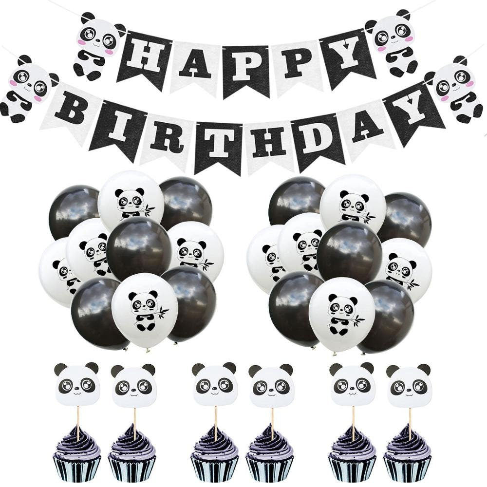 Panda Birthday Party Decor Balloon Banner Cake Toppers Set, Birthday Boy Girl Decoration