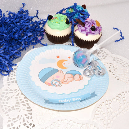 Top-down view of blue sleeping baby boy dessert plates, highlighting the charming design and soft colors.