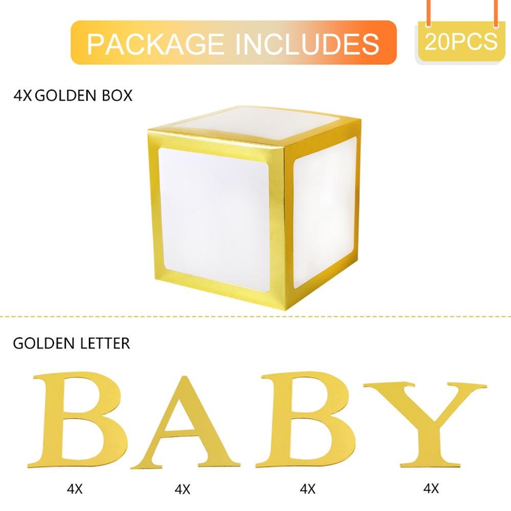 Clear window gold balloon boxes for baby shower decor
