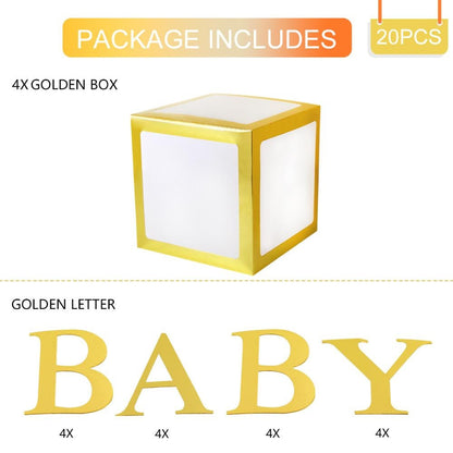 Clear window gold balloon boxes for baby shower decor