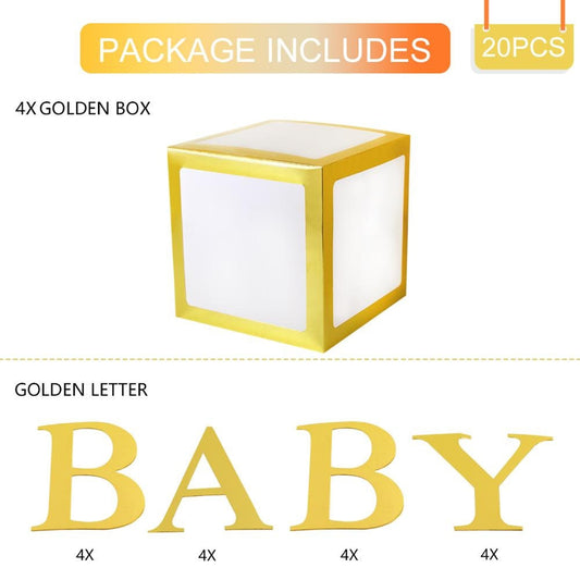 Clear window gold balloon boxes for baby shower decor