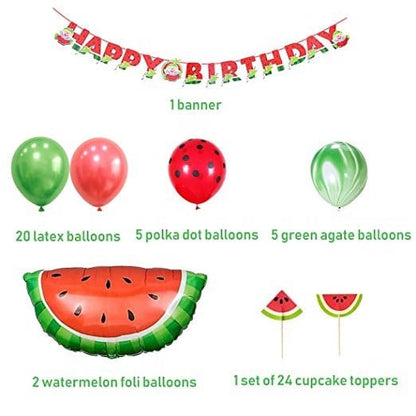 Collection of green agate, red, and green latex balloons, part of the watermelon first birthday party kit.
